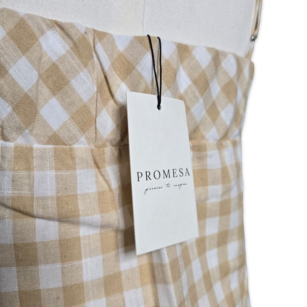 Promesa Gingham Mini Dress L Tan White Plaid Bustier Fit Flare Cottagecore NWT - Picture 8 of 15